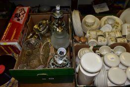 FOUR BOXES AND LOOSE CERAMICS, LAMPS, PICTURES, RADIO CONTROLLED CAR AND SUNDRY ITEMS, to include