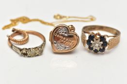 AN ASSORTMENT OF 9CT GOLD AND YELLOW METAL JEWELERY, to include a 9ct gold heart locket with