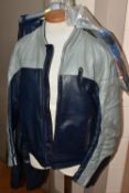 A MOTORCYCLE LEATHER JACKET, TROUSERS, GLOVES AND BOOTS, comprising a BMW navy and grey leather