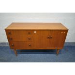 A MID-CENTURY TEAK SIDEBOARD, with three graduated drawers, besides double cupboard doors, width