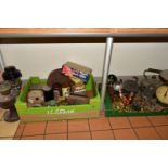 TWO BOXES OF METALWARE , LAMPS AND COLLECTABLE TINS, to include a boxed Tilley storm lamp,