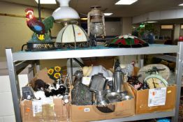 FOUR BOXES AND LOOSE METALWARES, to include a Bat Germany hurricane lamp, a brass oil lamp style