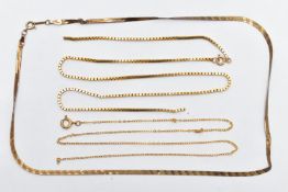 THREE DAMAGED CHAINS, to include a 9ct gold flat articulated herringbone chain fitted with a