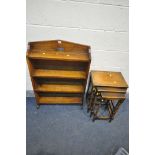 A 20TH CENTURY OAK FOUR TIER BOOKCASE, width 66cm x depth 20cm x height 97cm, along with a bobbin