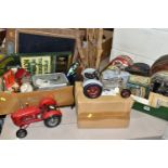 TWO BOXES AND LOOSE VINTAGE TINS, TRACTOR ORNAMENTS, AND SUNDRY ITEMS, vintage tins to include