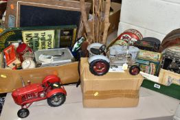 TWO BOXES AND LOOSE VINTAGE TINS, TRACTOR ORNAMENTS, AND SUNDRY ITEMS, vintage tins to include