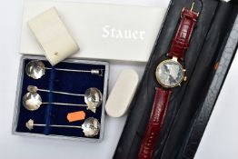 A GENTS BOXED 'STAUER' CHRONOGRAPGH WRISTWATCH AND A TEASPOON SET, the watch featuring a round black