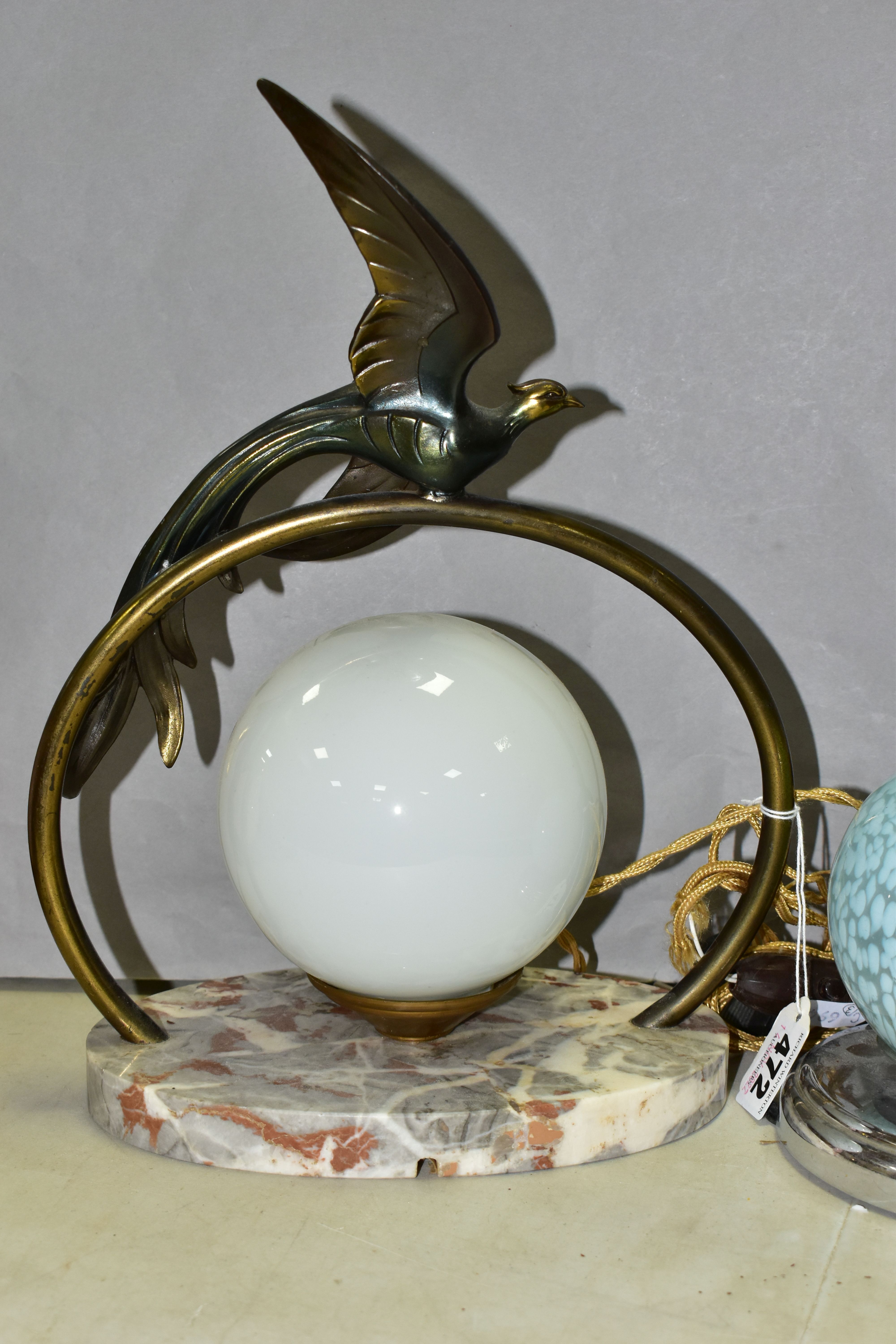 TWO FRENCH ART DECO TABLE LAMPS, one with a white glass spherical shade underneath a brass figure of - Image 5 of 5