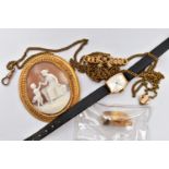 A LADIES WRISTWATCH, CAMEO, LONGUARD CHAIN, BROOCH AND GOLD TOOTH, a manual wind ladies