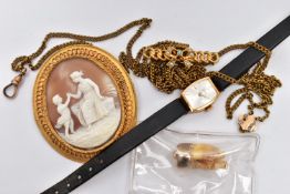 A LADIES WRISTWATCH, CAMEO, LONGUARD CHAIN, BROOCH AND GOLD TOOTH, a manual wind ladies