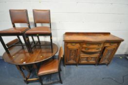 AN OAK BARLEY TWIST GATE LEG TABLE, open length 120cm x closed length 43cm x depth 92cm x height