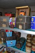 A COLLECTION OF VINTAGE ADVERTISING TINS AND PACKAGING, to include a glass Holland Toffee jar with a
