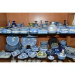 A LARGE QUANTITY OF WEDGWOOD BLUE JASPER GIFT WARE, comprising a modern pale blue lidded pot-