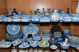 A LARGE QUANTITY OF WEDGWOOD BLUE JASPER GIFT WARE, comprising a modern pale blue lidded pot-