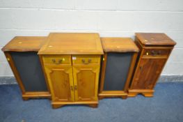 A YEW WOOD HIFI CABINET, with two doors, width 58cm x depth 45cm x height 83cm, with a pair of