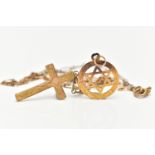 A 9CT GOLD STAR OF DAVID PENDANT, AND A YELLOW METAL CROSS PENDANT NECKLACE, openwork Star of