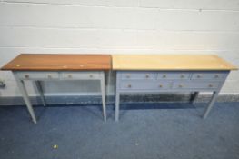 A BESPOKE PARTIALY GREY PAINTED SIDEBOARD, with five various drawers, length 133cm x depth 38cm x