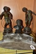 AN ART NOUVEAU PEWTER DESK STAND, A BUST AND TWO FIGURES, comprising twin inkwell desk stand with