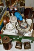 A BOX AND LOOSE CERAMICS, GLASS AND SUNDRY ITEMS, to include a copper jug with cover, marked '2, 43,