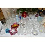 A COLLECTION OF CUT CRYSTAL AND COLOURED ART GLASS, comprising a Murano clear to cranberry