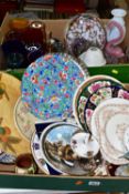 TWO BOXES AND LOOSE CERAMICS AND GLASS WARES, to include a Longwy plate with cloisonne style