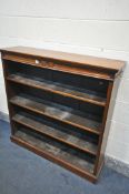 A 20TH CENTURY WALNUT OPEN BOOKCASE, with three adjustable shelves, width 122cm x depth 32cm x