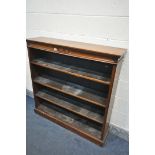 A 20TH CENTURY WALNUT OPEN BOOKCASE, with three adjustable shelves, width 122cm x depth 32cm x