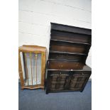 A 20TH CENTURY OAK DRESSER, plate rack above two drawers and two doors, and a walnut single door