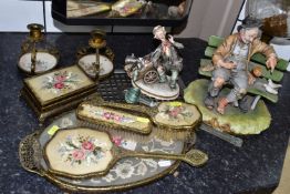 A GROUP OF CERAMICS, GLASS AND METAL WARES, comprising an oil lamp with glass reservoir (cracked and