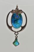 AN EDWARDIAN CHARLES HORNER SILVER ENAMEL PENDANT, with blue and green enamel detail, maker's mark