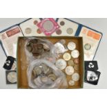 A SMALL CARDBOARD TRAY CONTAINING UK COINAGE, to include over 320 grams of mixed silver coins