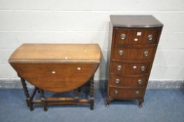 A TALL MAHOGANY CHEST OF FIVE DRAWERS, width 44cm x depth 35cm x height 104cm, and an oak barley