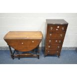 A TALL MAHOGANY CHEST OF FIVE DRAWERS, width 44cm x depth 35cm x height 104cm, and an oak barley