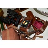 A GROUP OF PHOTOGRAPHIC AND OPTICAL EQUIPMENT, to include a leather cased pair of Beck Kassel Condor