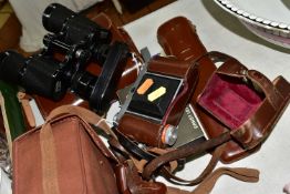 A GROUP OF PHOTOGRAPHIC AND OPTICAL EQUIPMENT, to include a leather cased pair of Beck Kassel Condor