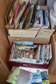 EPHEMERA, two boxes of paper ephemera to include modern postcards, maps, guides and journals