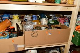 SEVEN BOXES AND LOOSE CERAMICS, to include several mid twentieth century West German vases in
