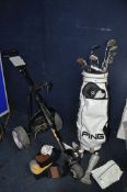 A PING GOLF BAG CONTAINING TAYLOR MADE CLUBS comprising a partial set of Taylor made clubs along
