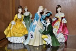 FIVE ROYAL DOULTON FIGURINES/FIGURE GROUPS, comprising The Suitor HN2132, Southern Belle HN2229 (