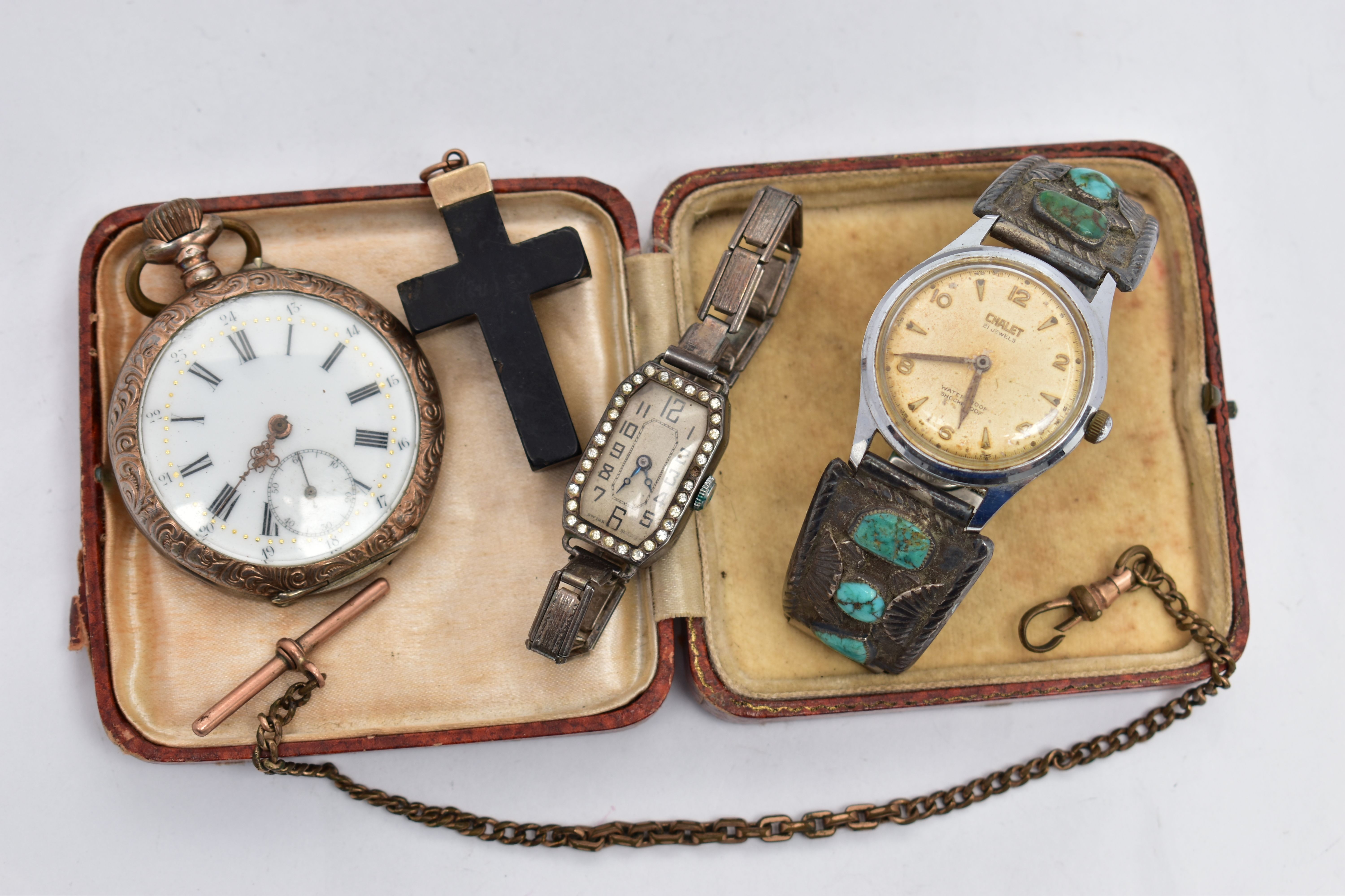 A 9CT GOLD T-BAR, JET CROSS PENDANT, POCKET WATCH AND WRISTWATCH, 9ct gold T-bar stamped 9.375,