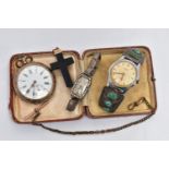 A 9CT GOLD T-BAR, JET CROSS PENDANT, POCKET WATCH AND WRISTWATCH, 9ct gold T-bar stamped 9.375,
