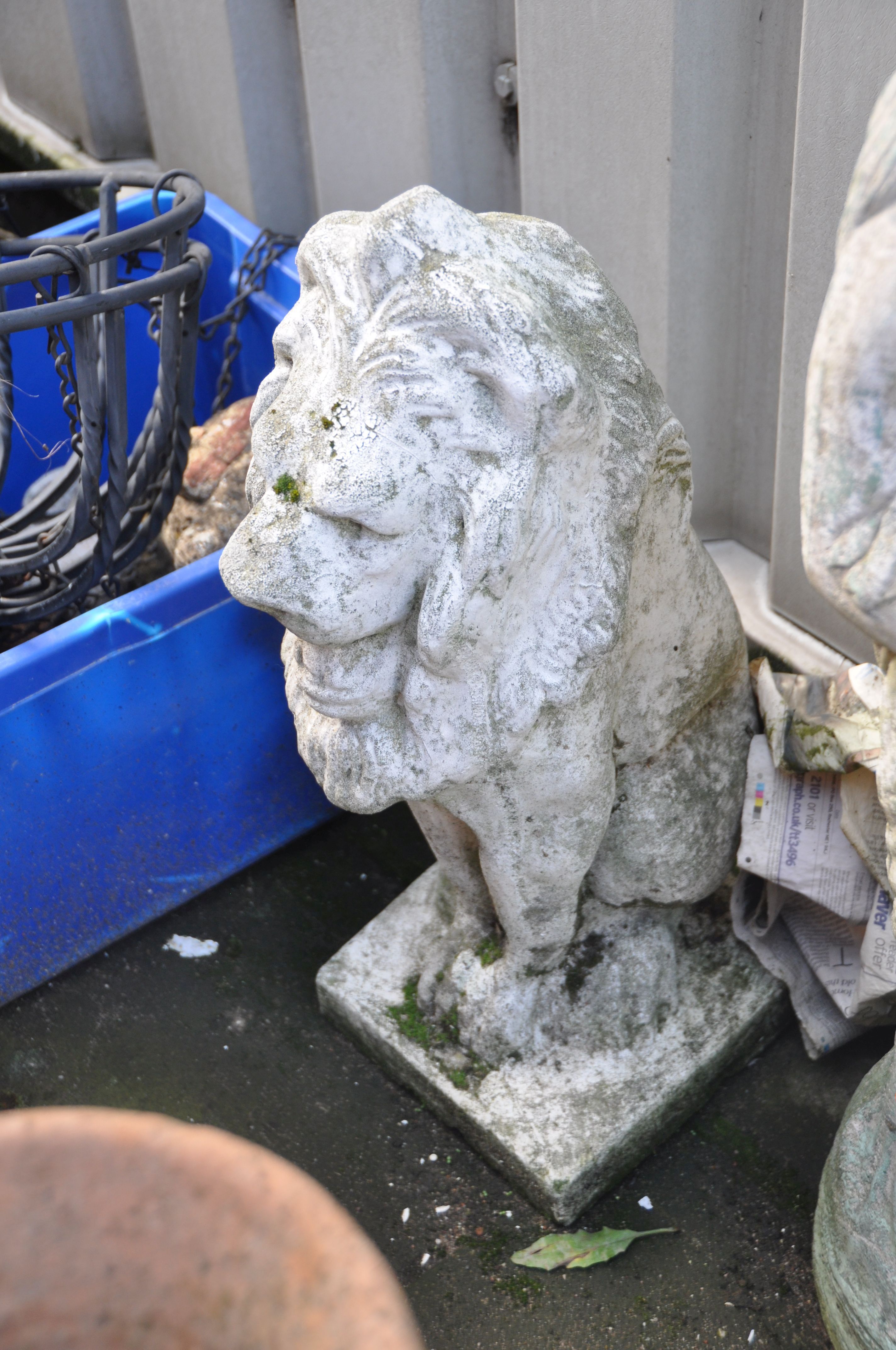 TWO COMPOSITE GARDEN FIGURES comprising of a seated lion 56cm high and a Grecian flower girl 78cm - Image 3 of 3
