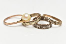 FOUR RINGS, to include a yellow metal cultured pearl ring, cream pearl with a pink hue, tension