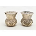 TWO VICTORIAN SILVER SCOTTISH PEPERETTES, designed as thistle heads, embossed and engraved detail,