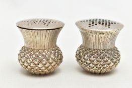 TWO VICTORIAN SILVER SCOTTISH PEPERETTES, designed as thistle heads, embossed and engraved detail,