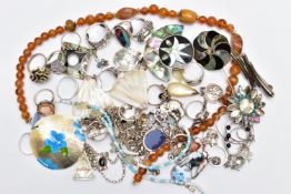 A BAG OF ASSORTED SILVER AND WHITE METAL JEWELLERY, to include a silver ceramic enamel cabochon