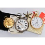 A SILVER OPEN FACE POCKET WATCH, AND TWO GOLD PLATED POCKET WATCHES, the first a key wound open face