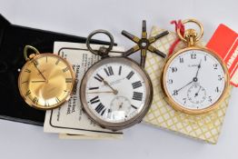 A SILVER OPEN FACE POCKET WATCH, AND TWO GOLD PLATED POCKET WATCHES, the first a key wound open face