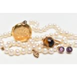 A CULTURED PEARL NECKLACE, TIGER EYE RING, LOCKET AND A PAIR OF EARRINGS, the single row of cultured