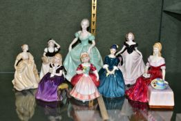 EIGHT FIGURINES, comprising a Paragon Veronica height 15.5cm, Royal Doulton: Valerie HN2107,